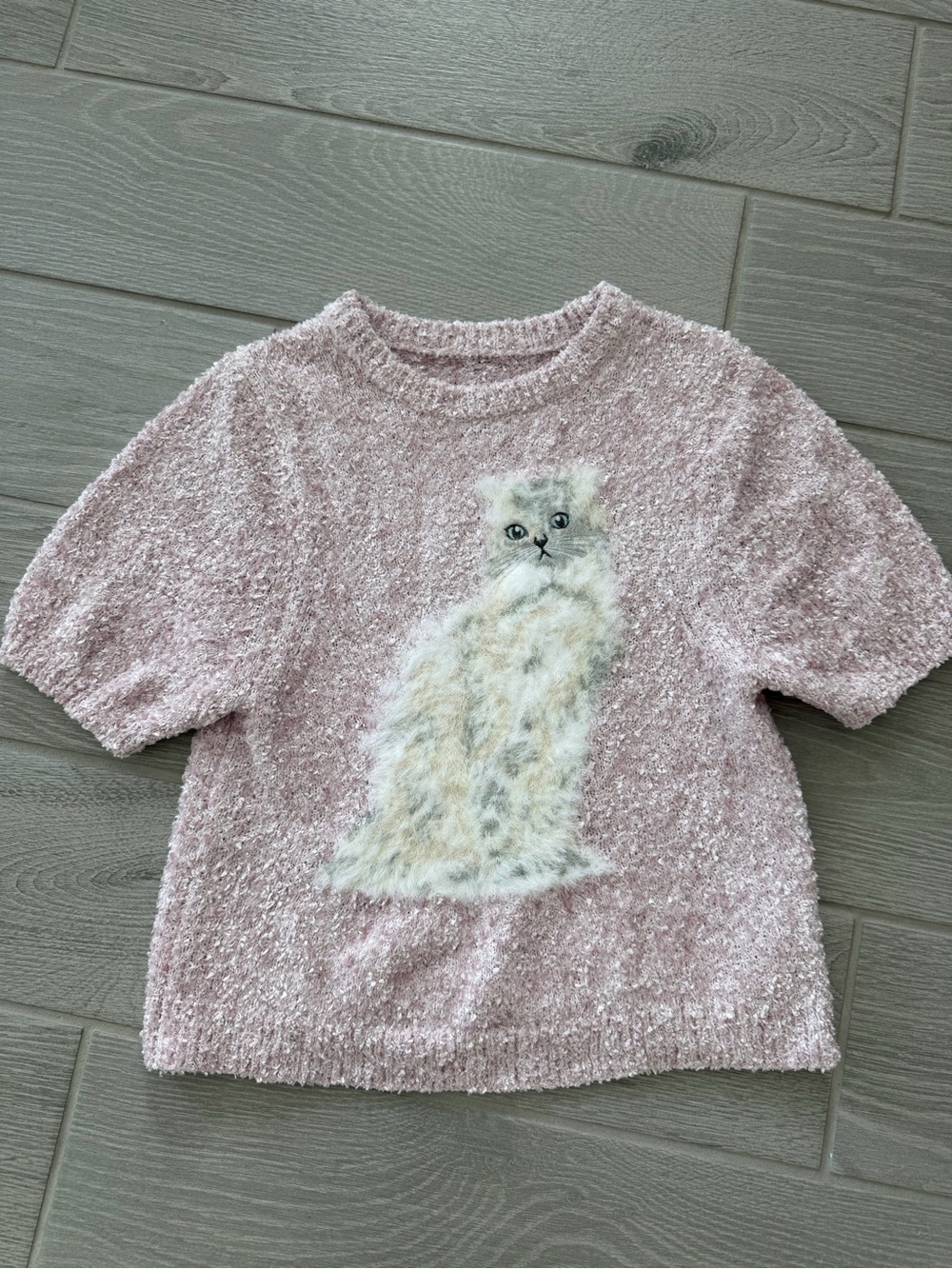 FURFUR Japanese Persian Cat Motif Fuzzy Fluffy Short Sleeve Knit Sweater VGUC